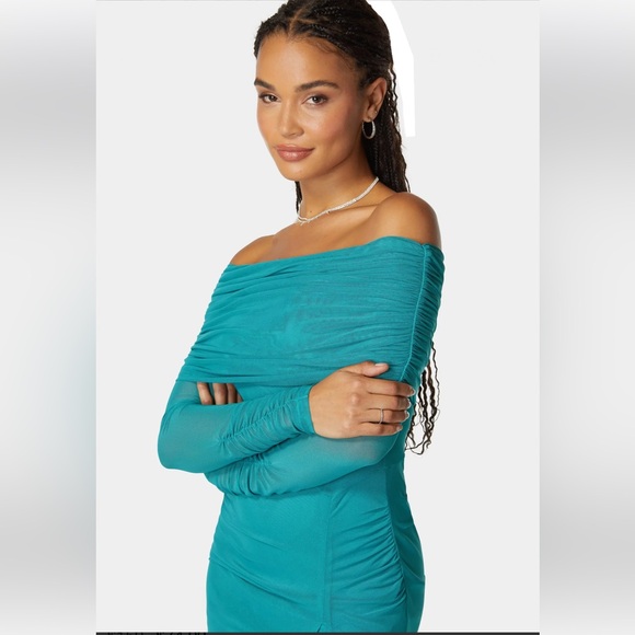 Bebe Off Shoulder Asymmetrical Mesh Gown - Picture 4 of 7